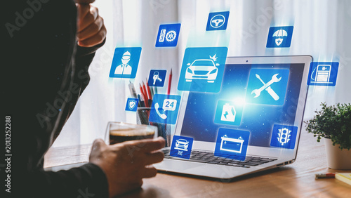 Bild auf Leinwand Car service and insurance provide vehicle maintenance, car insurance coverage claim app, and safety