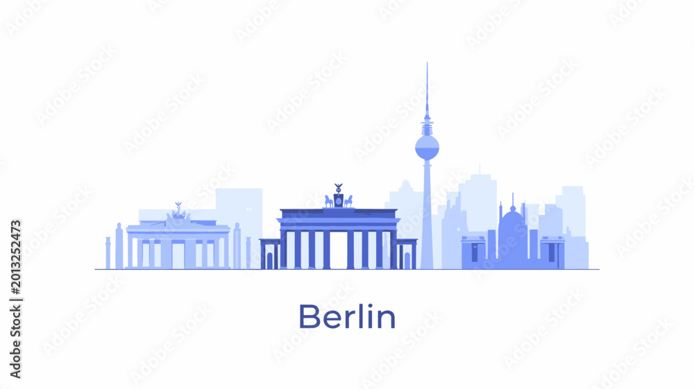 Fototapeta premium Berlin Germany Skyline Vector Illustration with Brandenburg Gate and TV Tower on White Background