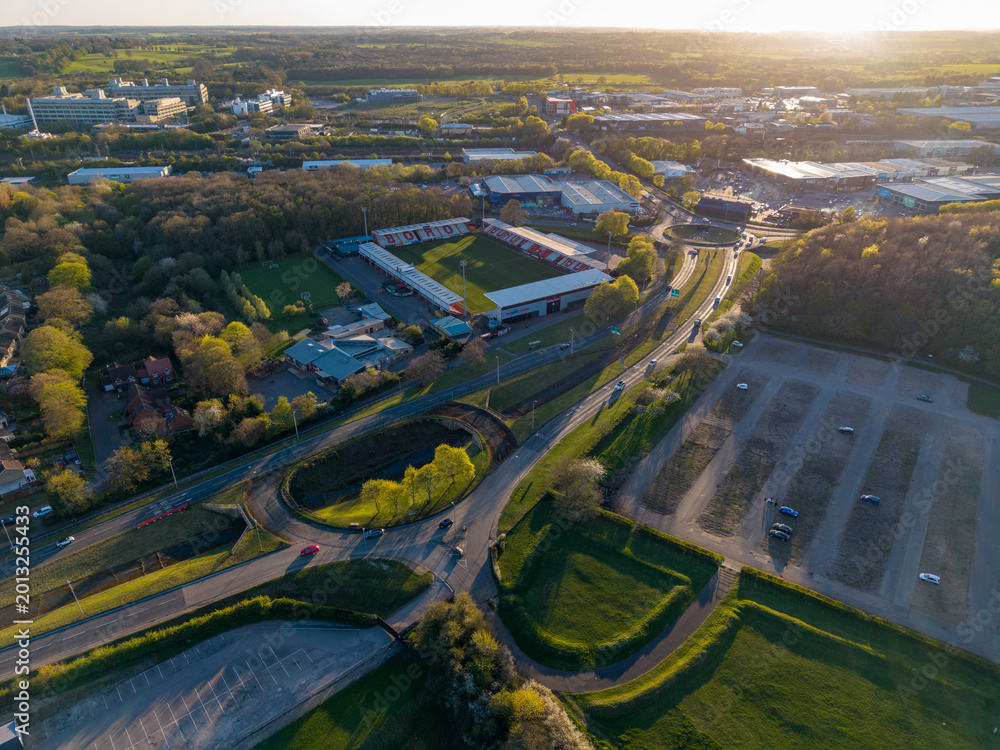 Naklejka premium Stevenage,England-April 2nd,2026: Aerial view of The Lamex Stadium aerial view in Stevenage. England