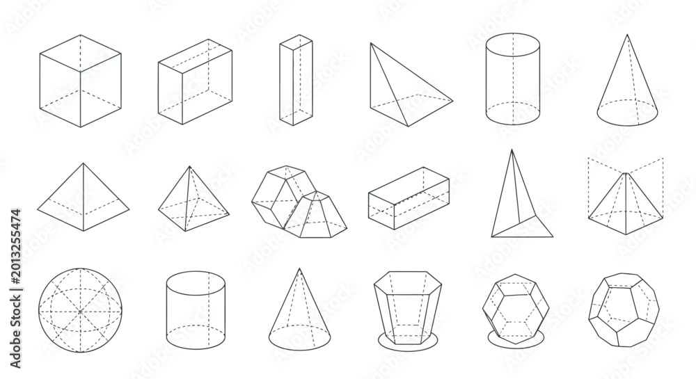 Fototapeta premium Geometric shapes, 3D icons, wireframe models, line art, mathematical forms, vector graphics