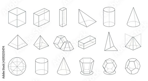 Geometric shapes, 3D icons, wireframe models, line art, mathematical forms, vector graphics