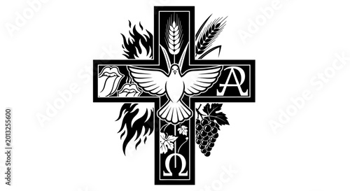 Foto Christian cross, dove, holy spirit, alpha omega symbol, wheat, grape, fire vecto