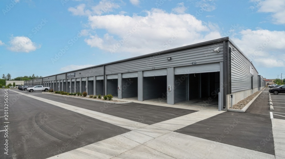 Naklejka premium Rows of identical open garage doors on a large modern storage warehouse building under a bright blue sky with soft white clouds.
