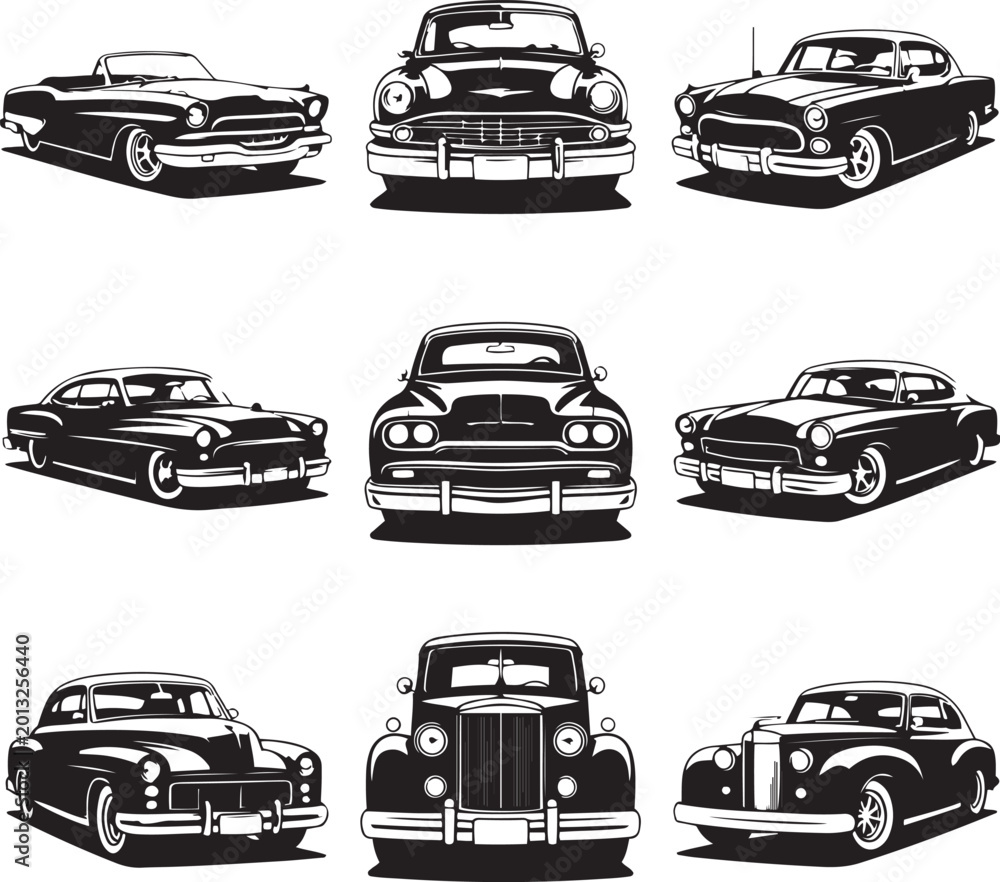 Obraz premium Set of classic car silhouettes from different angles isolated on transparent background, vintage auto collection.