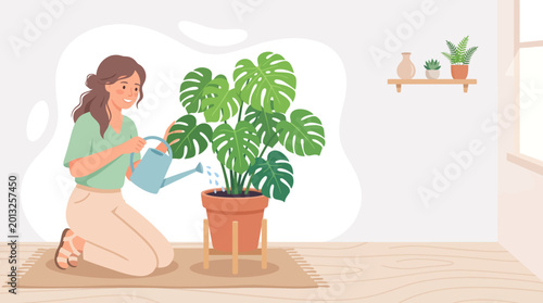 Foto Woman kneeling and watering a potted monstera indoors, tending greenery in a cozy living room