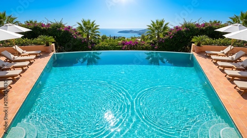 Luxury infinity pool at Mediterranean resort with sea view and sun loungers