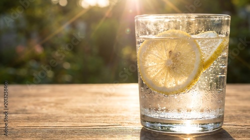 Refreshing glass of sparkling water with lemon slices on wooden table at sunset