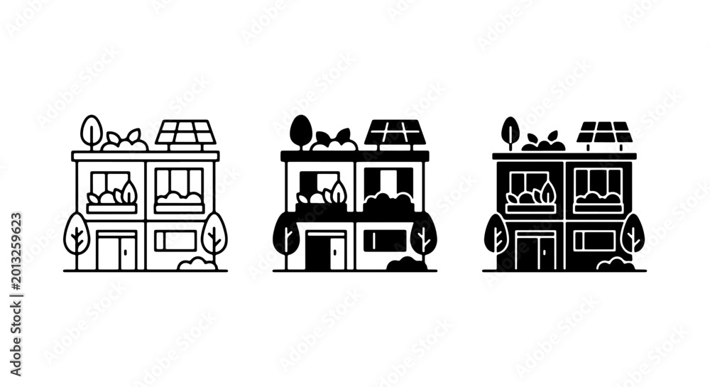 Fototapeta premium Eco-Friendly House Icons, Sustainable Building Graphics, Green Energy Home Vector Set