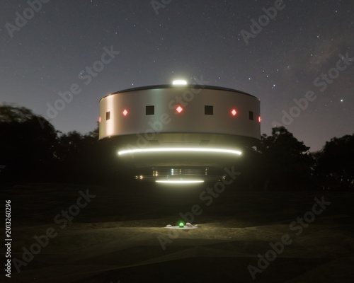 A 3D image of a UFO/UAP concept from the 1987 Golf Breeze, Florida incident, hovering above the floor.
