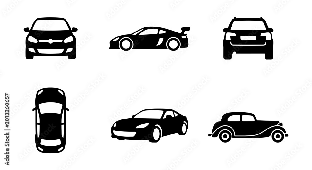 Obraz premium Car Icons Set: Diverse Vehicle Silhouettes, Automotive Views, Transportation Graphics