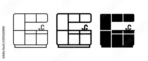 Kitchen Icons Set, Modern Cabinet and Sink Vector Graphics, Home Design Elements