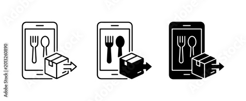 Food Delivery Icons: Mobile App Ordering, Takeout Box, Fork and Spoon Icons