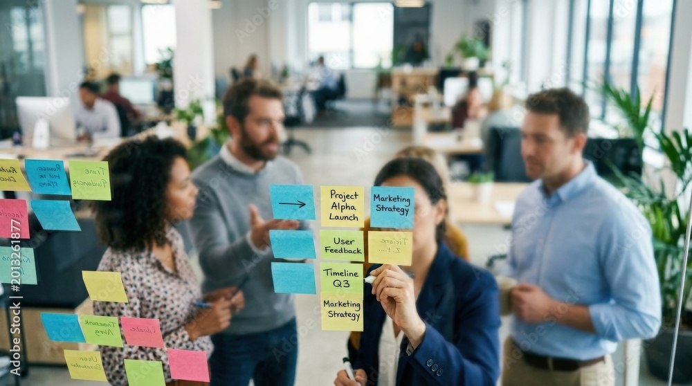 Obraz premium Blurred office team brainstorming with sticky notes, modern business meeting and collaboration concept, creative project planning in workplace, coworkers discussing ideas, shallow depth of field,