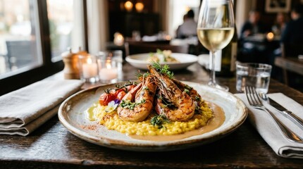 Shrimp dish in a restaurant, elegant seafood cuisine, refined plating and appetizing texture, realistic food photography, no logos