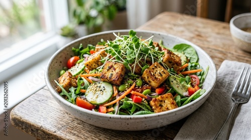 Healthy fried tofu salad with microgreens and sesame seeds, plant based meal with crisp vegetables and clean modern plating, appetizing texture, natural light, realistic food photography, no logos