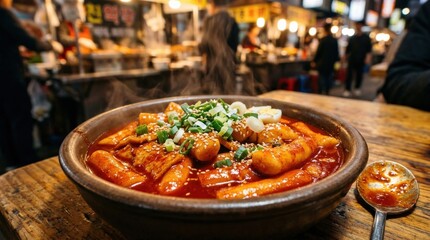 Close up of spicy Korean tteokbokki garnished with green onions and sesame seeds, glossy rice cakes in rich red sauce, appetizing street food styling, warm light, no logos