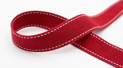 Red fabric ribbon close up with textured surface and stitched edges, isolated on white background, decorative trim and gift wrapping concept, crisp textile detail, clean studio composition, no logos