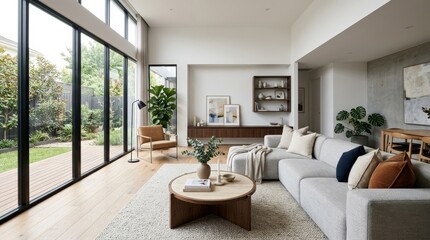 Contemporary living room interior, modern home design with stylish decor and spacious clean layout, soft daylight, realistic detail, no logos