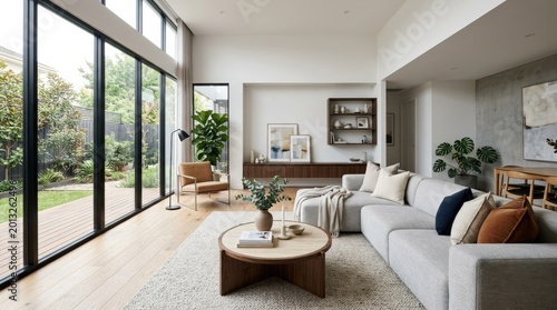 Contemporary living room interior, modern home design with stylish decor and spacious clean layout, soft daylight, realistic detail, no logos