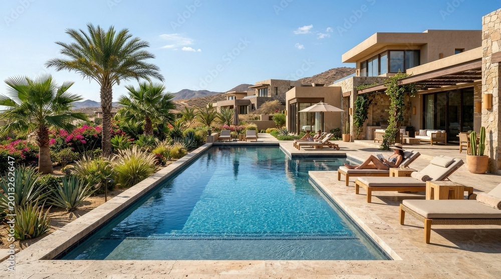 Fototapeta premium Luxury swimming pool and tropical garden in modern holiday resort villa, poolside landscape design and desert architecture aesthetic, sunlit vacation scene, no logos