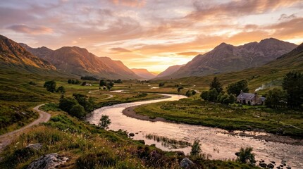Winding river through valley at sunset, peaceful landscape with glowing evening light, serene nature travel concept, realistic detail, no logos