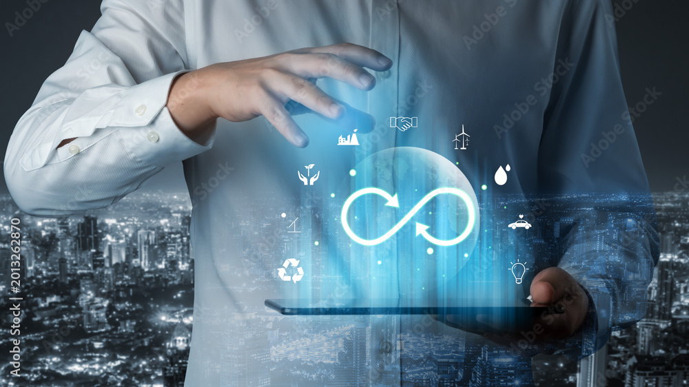 Obraz premium The concept of a circular economy for sustainable production and consumption. A global model of recycling, reusing, and renewable energy for the future. Motif