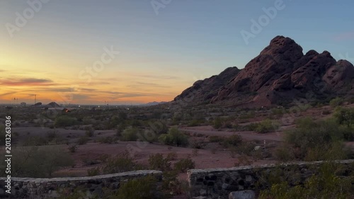 Arizona Desert Landscape at Papago Park During Dusk with Mountain Silhouette and Traffic Footage