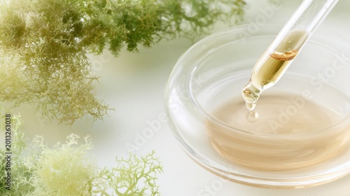 Botanical skincare serum with moss extract in glass dropper above petri dish for natural beauty label, product packaging and background design
