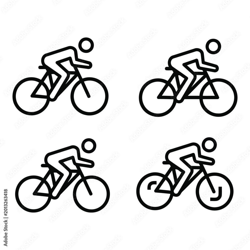 Fototapeta premium Cycling icons set, four bicycle riders in motion, black line art on white background, minimalist design isolated on white background
