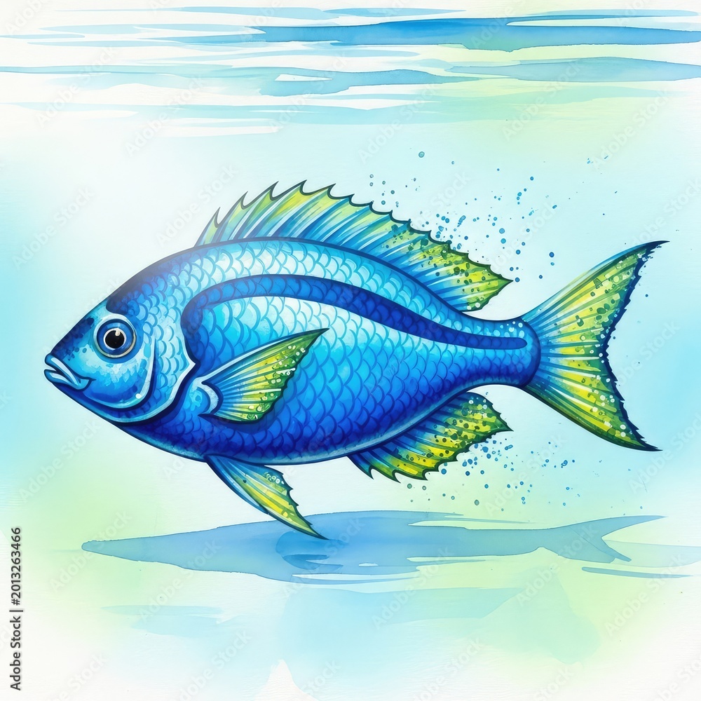 Fototapeta premium Artistic watercolor illustration of a vibrant blue fish swimming through clear water with delicate paint splatters and soft textured washes, animal, elegant, modern