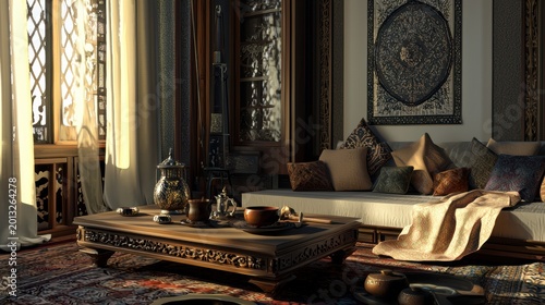 Elegant traditional Moroccan interior design. Luxurious Moroccan living space with intricate decor. Opulent Moroccan lounge featuring ornate furnishings and warm lighting