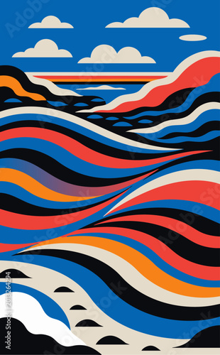 Fényképezés Beach-themed vector illustration with waves in the Fauvist style, bright contras