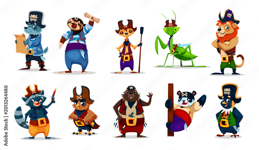 Obraz premium Cartoon animal pirate crew characters of wolf with treasure map, sloth with scroll, meerkat and mantis in pirate hats. Vector lion and raccoon with pistols, owl captain, beaver, panda animal corsairs