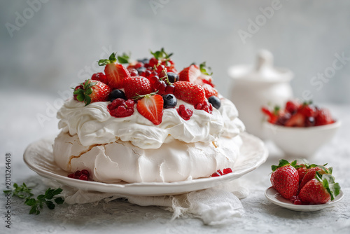 Strawberry pavlova dessert topped with fresh berries on a white plate