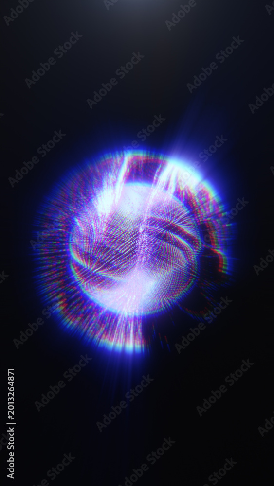 Fototapeta premium Abstract holographic digital orb with chromatic glitch effect, glowing particles, and futuristic technology atmosphere.