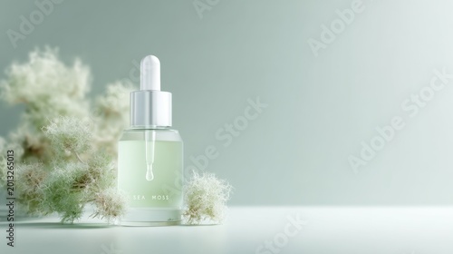 Sea moss dropper serum in glass bottle on moss and pale green background for natural skincare design, packaging, poster, background