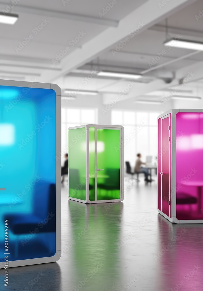 Obraz premium Privacy booths standing in a brightly lit indoor space with extensive copyspace and a soft bokeh background creating a sense of activity, community, temporary, room