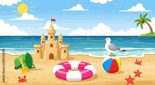 Slika na platnu Beach, sandcastle, summer, vector illustration, tropical, vacation, seaside, res