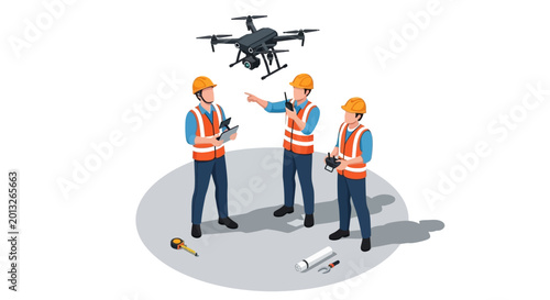 Construction workers, drone inspection, site survey, safety vests