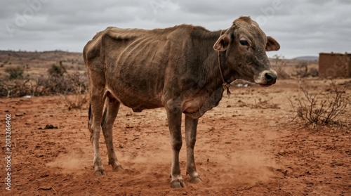 Emaciated cow standing in arid landscape, suffering from drought conditions.