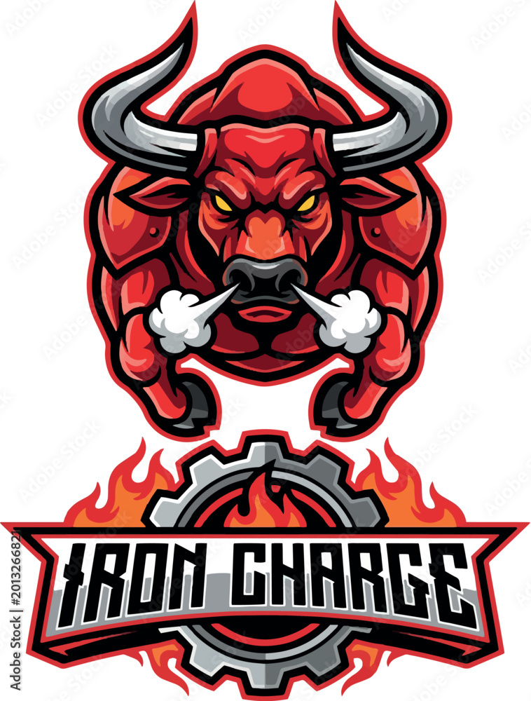 Fototapeta premium Red bull charging mascot with gear element