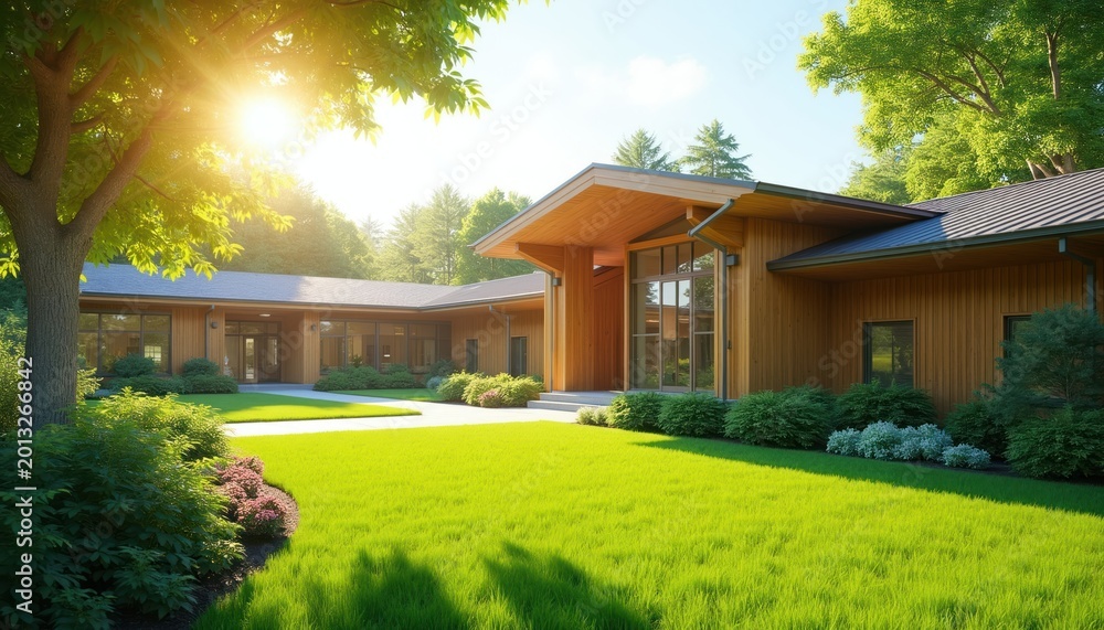 Fototapeta premium Modern senior care facility with lush green garden and sunny entrance. Welcoming architecture offers peaceful living and wellness for elderly residents. Beautiful nature surrounds building.