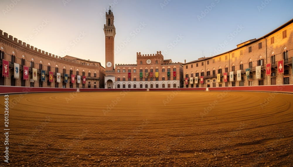 Fototapeta premium Wide view of the iconic Piazza del Campo in Siena prepared for the Il Palio horse race representing a historic center and cultural heritage concept in Tuscany, Italy