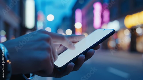 Hand Using Bright Smartphone While Tapping on Urban Street at Night