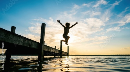 Joyful silhouette of a person leaping from a wooden pier into the water at sunset.