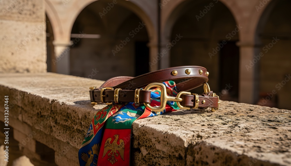 Fototapeta premium Leather bridle and vibrant contrada scarf on a stone ledge in siena for the il palio horse race tradition, reflecting italian heritage and competitive sports concept