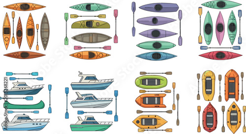 Fotografie Large vector set of water transport icons featuring kayaks canoes motorboats and inflatable rafts with paddles for summer vacation and outdoor river adventure designs