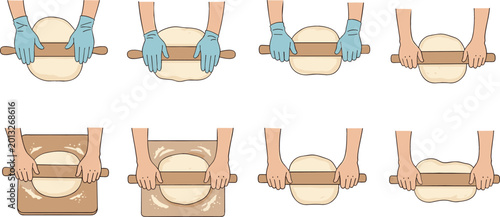 Принти на полотні Vector set of hands kneading and rolling dough with a rolling pin for baking bre