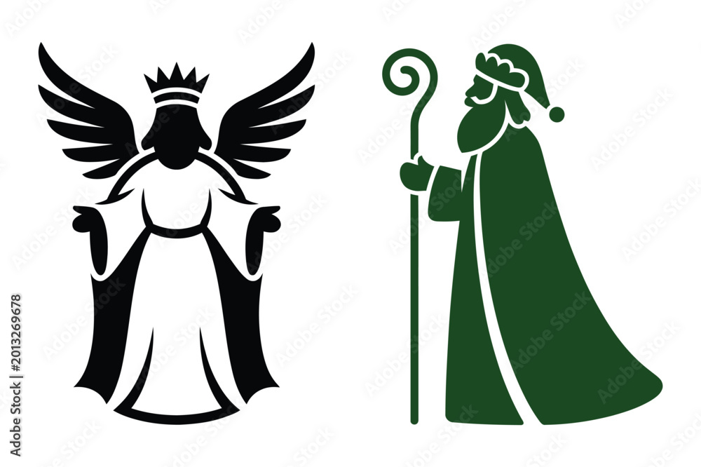Fototapeta premium Christmas angel and wizard silhouette in green and white with silhouette