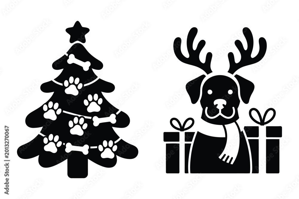 Naklejka premium Dog wearing reindeer antlers and scarf with gifts, and a christmas tree